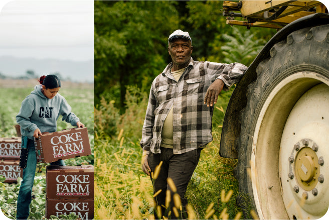 A collage of a farmer stacking boxes and a farmer leaning on a tractor. 