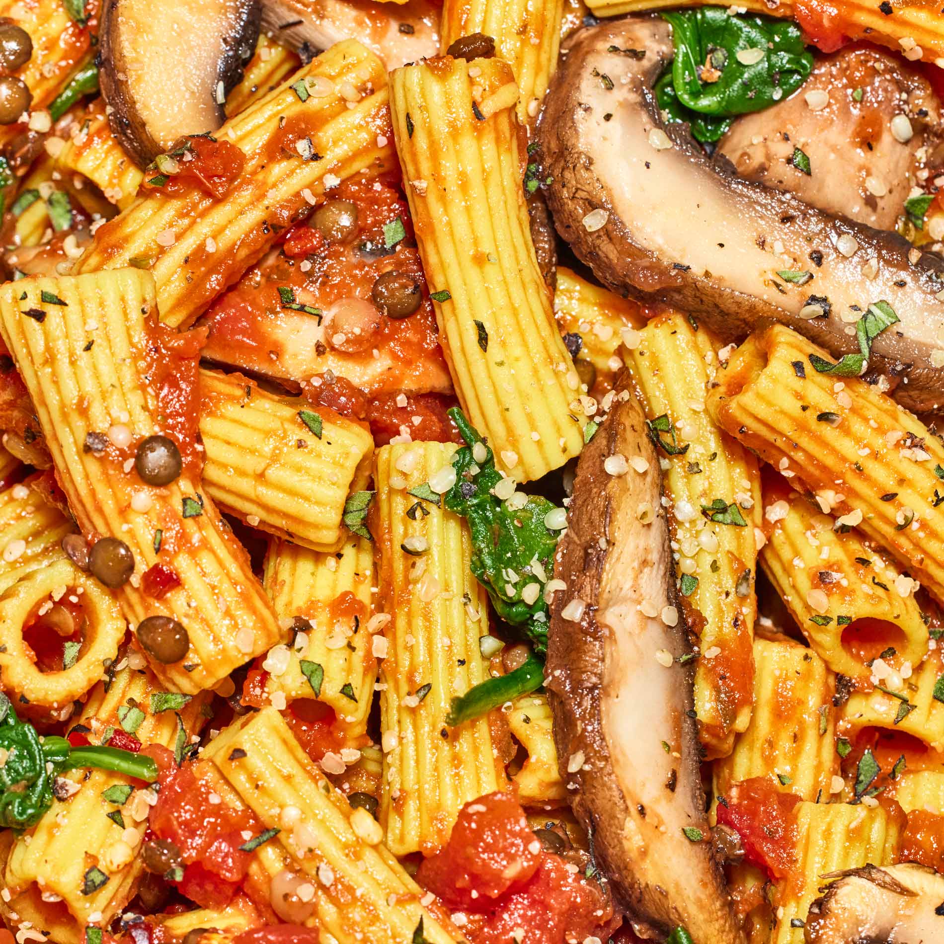 A close-up shot of the Tomato Basil + Portobello Bolognese Pesto Pasta prepared.